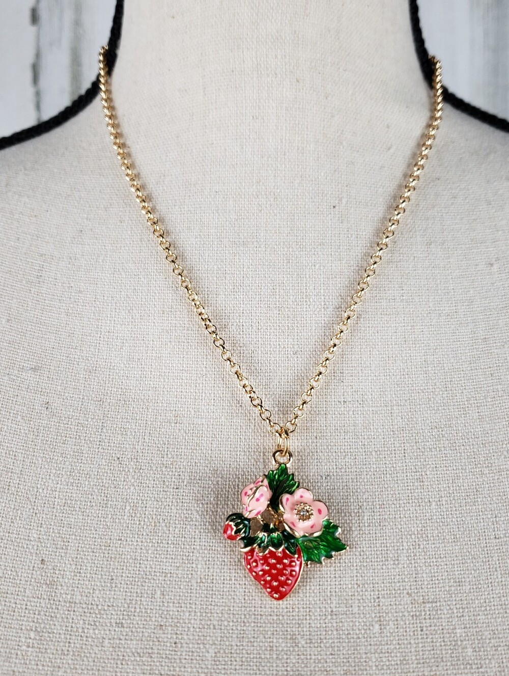 Gold-Tone Strawberry & Floral Pendant Necklace - Pink/Red/Green